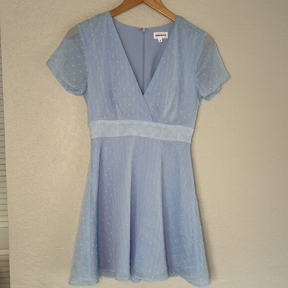 Revolve Superdown Bree Mini Dress Sky Blue Chiffon Metallic Swiss Dot Shower - Picture 2 of 6